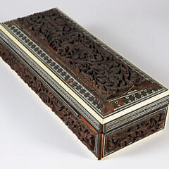 Anglo-Indian Carved Sandalwood Box with Microscopic Inlays and Bone Trim