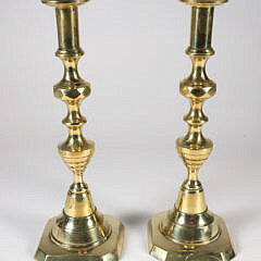 Pair of Antique Brass Beehive Push-up Candlesticks, 19th Century