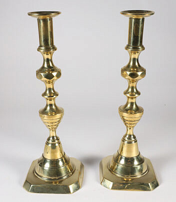 Pair of Antique Brass Beehive Push-up Candlesticks, 19th Century