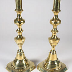 Pair of Antique Brass Beehive Push-up Candlesticks, 19th Century