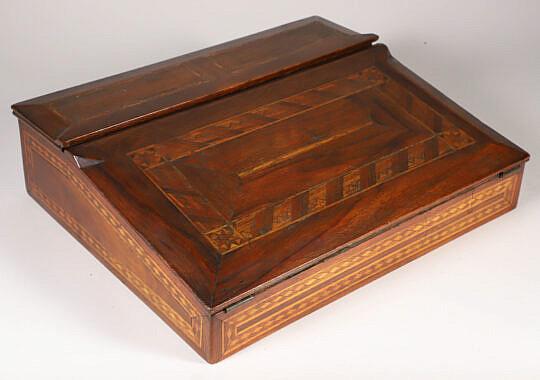 Mahogany and Multi-Wood Inlaid Slope Front Lap Desk, 19th Century