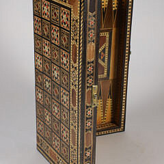 Vintage Damascus Elaborate Multi-Wood Inlaid Game Box.
