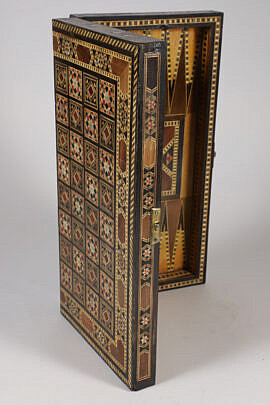 Vintage Damascus Elaborate Multi-Wood Inlaid Game Box.