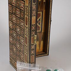Vintage Damascus Elaborate Multi-Wood Inlaid Game Box.