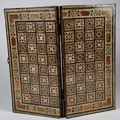 Vintage Damascus Elaborate Multi-Wood Inlaid Game Box.