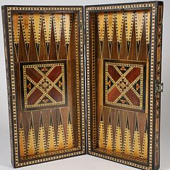Vintage Damascus Elaborate Multi-Wood Inlaid Game Box.