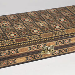 Vintage Damascus Elaborate Multi-Wood Inlaid Game Box.