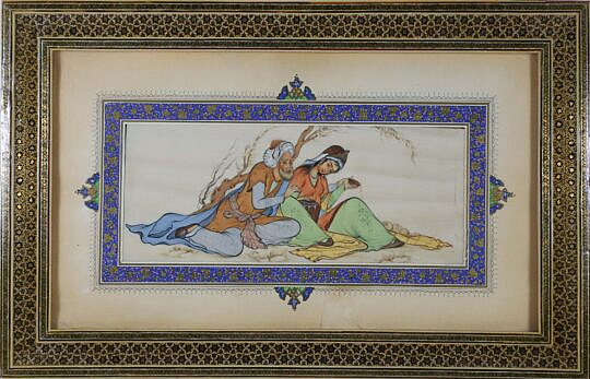 Vintage Persian Gouache on Bone Painting of a Couple