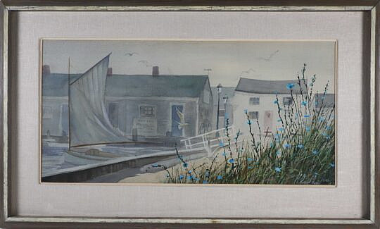 Robert Perrin Watercolor "View of Nantucket Wharf"