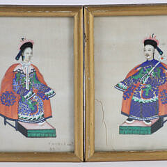 Pair of Antique Chinese Watercolors on Pith Rice Paper "Emperor and Empress"