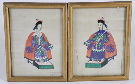 Pair of Antique Chinese Watercolors on Pith Rice Paper "Emperor and Empress"