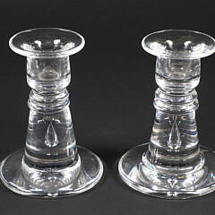 Pair of Signed Steuben Clear Glass Squatty Candlesticks