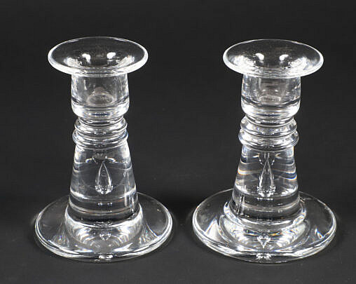 Pair of Signed Steuben Clear Glass Squatty Candlesticks