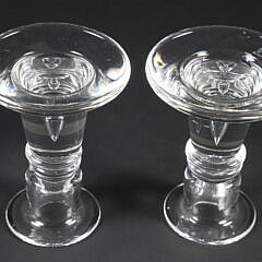 Pair of Signed Steuben Clear Glass Squatty Candlesticks