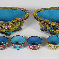Pair of Cloisonne Cache Pots and Six Cups, 19th Century
