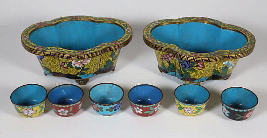 Pair of Cloisonne Cache Pots and Six Cups, 19th Century