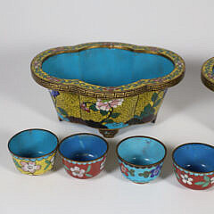 Pair of Cloisonne Cache Pots and Six Cups, 19th Century