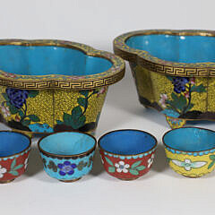 Pair of Cloisonne Cache Pots and Six Cups, 19th Century