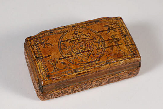 Mariner Carved and Scrimshawed Palmwood Box, circa 1850-60
