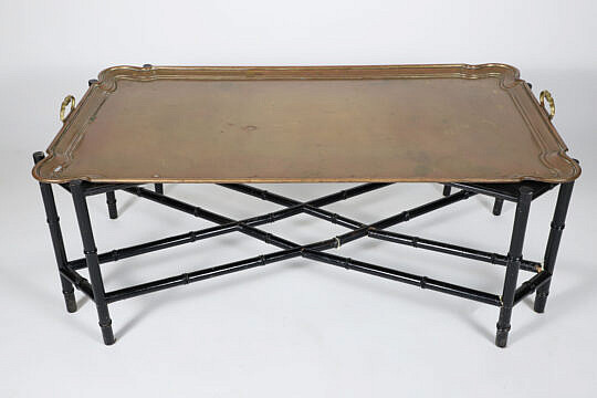 Brass Tray Top Coffee Table on Black Faux Bamboo Stand