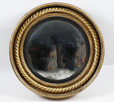 Round Gilt and Ebonized Convex Mirror