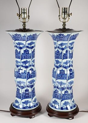 Pair of Chinese Blue and White Porcelain Lamps