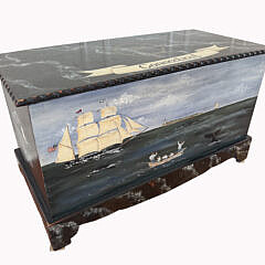 Marine Hand Painted Whaling Scene Blanket Chest, painted "Connecticut" on the lid