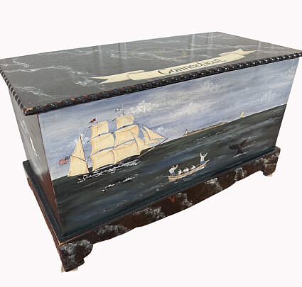 Marine Hand Painted Whaling Scene Blanket Chest, painted "Connecticut" on the lid