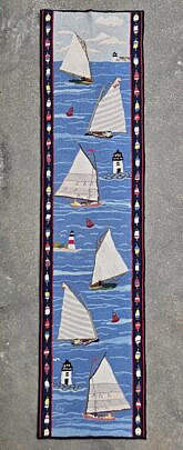 Claire Murray Hooked Runner Rug with 6 Sailboats, Lighthouses and Buoys Border