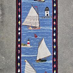 Claire Murray Hooked Runner Rug with 6 Sailboats, Lighthouses and Buoys Border
