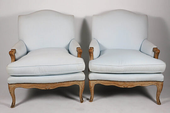 Pair of Classical French Louis XV-Style Upholstered Bergere Armchairs