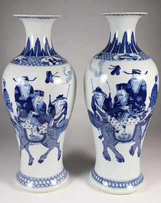 Pair of Antique Chinese Blue and White Porcelain Baluster Vases