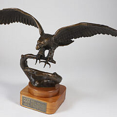 Patina Bronze Clad Sculpture of Flying Eagle Landing on Tree Branch