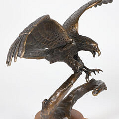 Patina Bronze Clad Sculpture of Flying Eagle Landing on Tree Branch