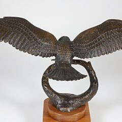 Patina Bronze Clad Sculpture of Flying Eagle Landing on Tree Branch
