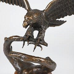 Patina Bronze Clad Sculpture of Flying Eagle Landing on Tree Branch