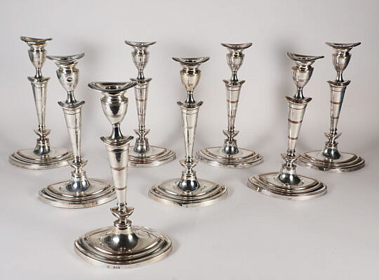 Rare Assembled set of Eight Sheffield Candlesticks, 19th Century