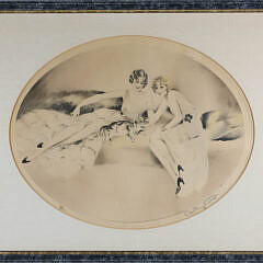 Art Deco Dry Point Etching of Two Woman and Their Cat