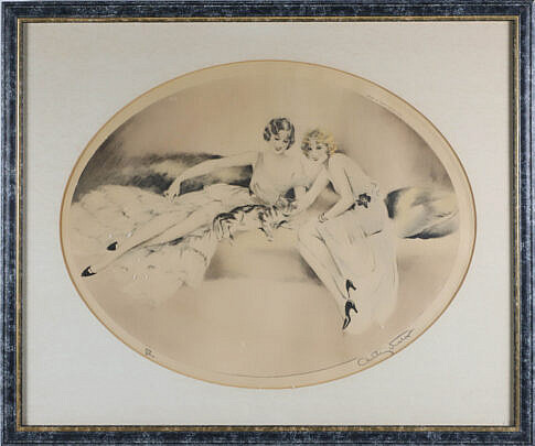 Art Deco Dry Point Etching of Two Woman and Their Cat