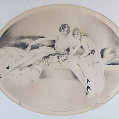 Art Deco Dry Point Etching of Two Woman and Their Cat