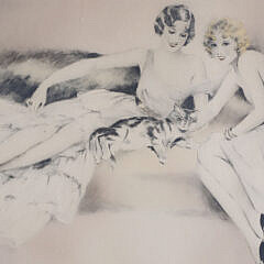 Art Deco Dry Point Etching of Two Woman and Their Cat