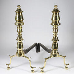 Pair of Antique Multi-Turned Brass Andirons, 19th Century