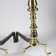 Pair of Antique Multi-Turned Brass Andirons, 19th Century