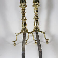 Pair of Antique Multi-Turned Brass Andirons, 19th Century