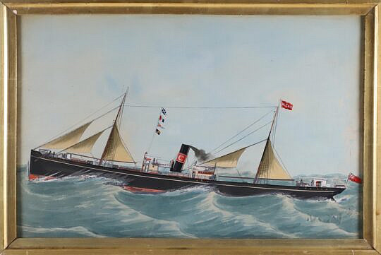 English Watercolor "Portrait of the Ship Castlearth Stemsailer on the Open Sea"