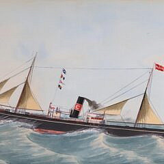 English Watercolor “Portrait of the Ship Castlearth Steamsailer on the Open Sea”