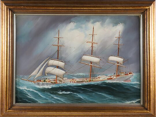 Oil on Artist Board "Three Masted Vessel in a Gale", 19th Century
