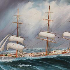 Oil on Artist Board “Three Masted Vessel in a Gale”, 19th Century
