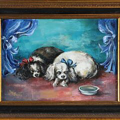 H.W Scott Oil on Board "Two Spaniels and Their Water Bowl"