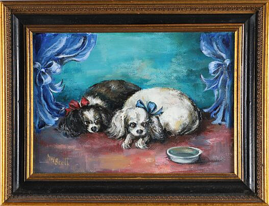 H.W Scott Oil on Board "Two Spaniels and Their Water Bowl"